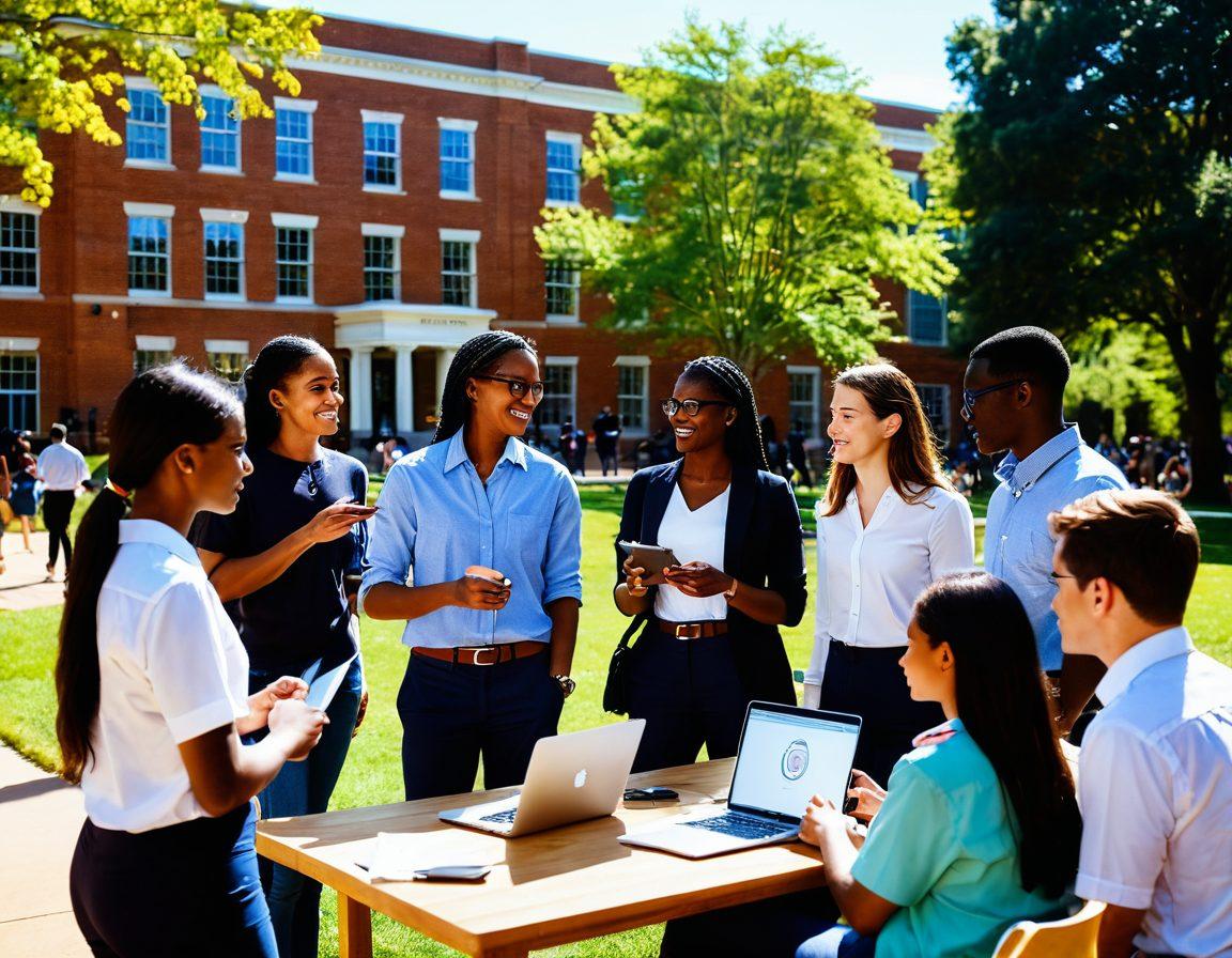 A diverse group of students engaged in networking at a sunlit outdoor campus setting, with the iconic UVA architecture in the background. Include elements like laptops, laptops, and coffee cups, symbolizing resourcefulness and collaboration. Vibrant visuals of books, charts, and a handshake icon to represent career development ideas. The atmosphere should feel positive and inviting, showcasing a mix of cultures and ideas. super-realistic. vibrant colors. outdoor scene.