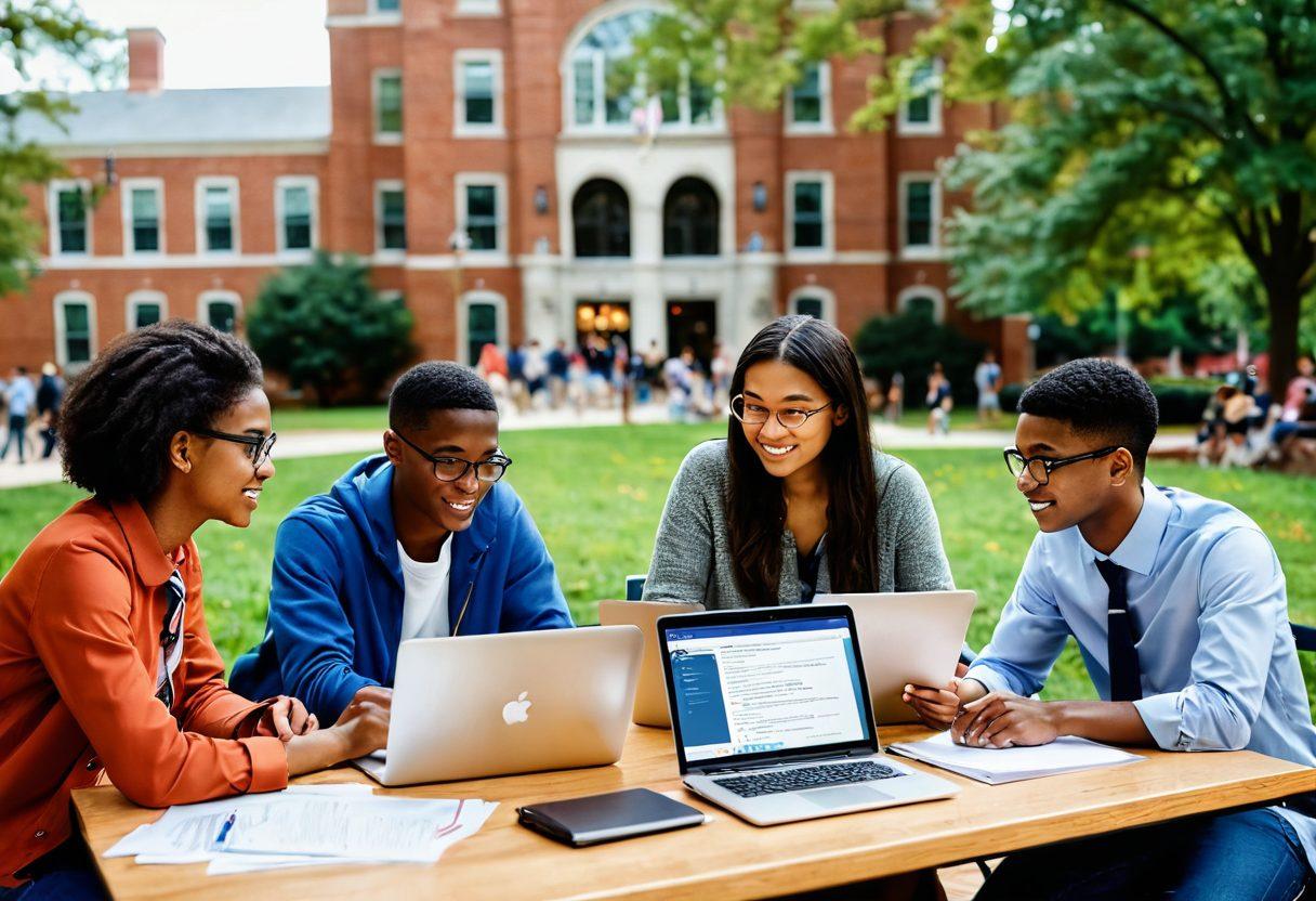 A dynamic scene capturing a diverse group of college students collaboratively working on a project, surrounded by university-themed elements like the UVA campus in the background. Include various job search tools such as laptops and resumes scattered around. The atmosphere should be energetic and motivating, showcasing a blend of teamwork and ambition. super-realistic. vibrant colors. soft focus on background.